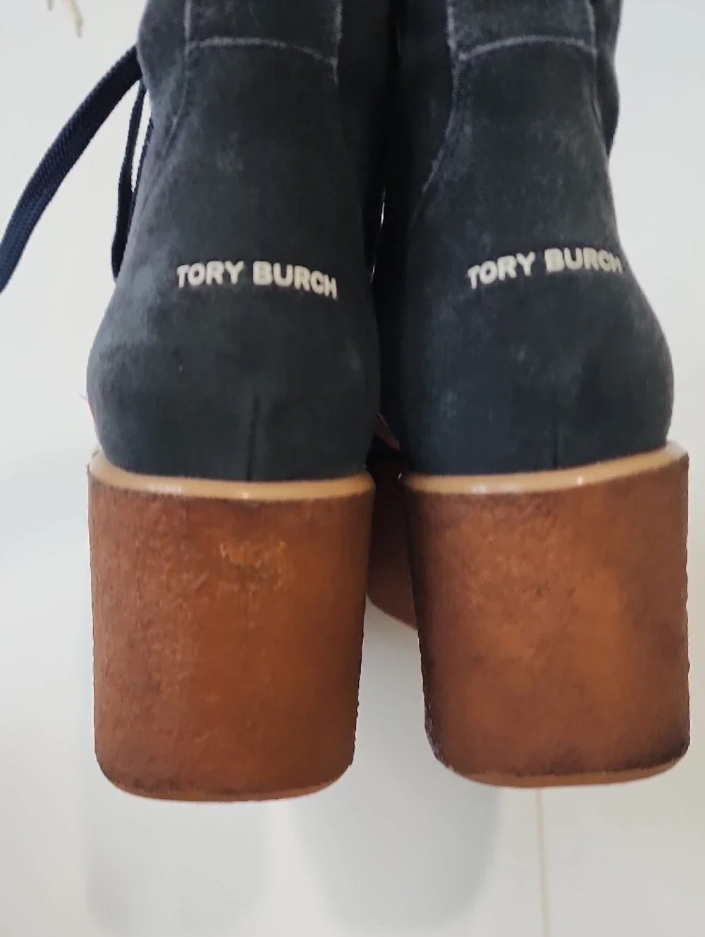 Tory Burch Navy Suede Platform Lace-Up Boots with Tricolor Ribbon Accent